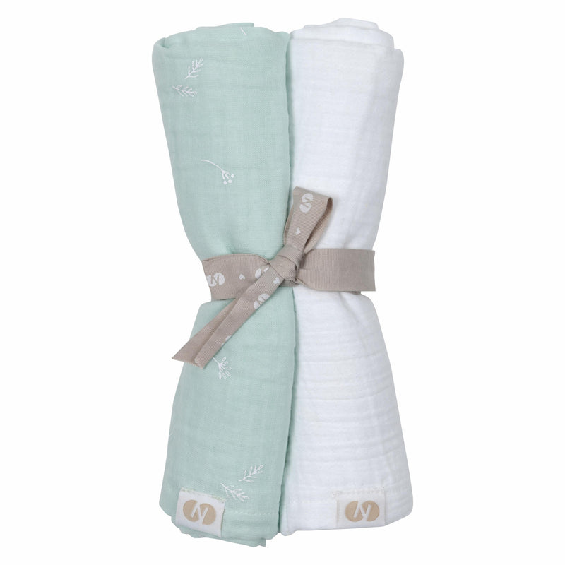 SWATRI Cotton Muslin Swaddle Cloths, Set of 2 – Mint Print/White